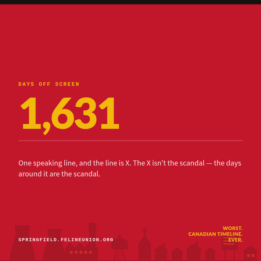 Share card: 1,631 days. One speaking line, and the line is X. The X isn’t the scandal — the days around it are the scandal.